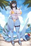  1girl beach beachball big_ass big_breasts bikini black_hair blue_skin cute glasses gold_bikini gold_earrings necklace platform_shoes posing rayka seductive shark tail tattoo white_skin 