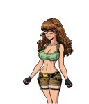  1_girl akabur backpack big_breasts brown_hair cleavage clothed cosplay curly_hair female female_only glasses gloves harry_potter hermione_granger hourglass_figure lara_croft_(cosplay) looking_at_viewer solo standing tomb_raider witch_trainer 