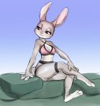  1_female 1_girl 1girl 2016 anthro bra breasts clothing disney female female_only furry glacierclear judy_hopps lagomorph mammal pillow pink_eyes rabbit sitting smile solo underwear zootopia 