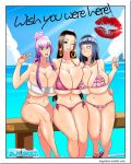  2022 3_girls 3girls absurdres arm_up arms asymmetrical_docking bangs bare_shoulders beach belly big_breasts big_chest big_forehead bikini black_hair blue_eyes blue_hair blue_sky blush boa_hancock breast_docking breast_press breasts bust byakugan cheeks chest crossed_legs crossover ear_piercing earrings eyebrows eyelashes female female_only fingers flip_flops footwear forehead gigantic_breasts hair highres highschool_of_the_dead hinata_hyuuga huge_breasts hyper_breasts kiss_mark knees kogeikun legs long_hair looking_at_viewer multiple_girls naruto naruto_(series) naruto_shippuden naruto_shippuuden navel neck ocean one_eye_closed one_eye_open one_piece open_mouth outside partially_undressed piercing pink_hair ponytail postcard purple_hair saeko_busujima shoulders shounen_jump sitting sky smile swimsuit teeth text thighs throat top_heavy v very_long_hair violet_hair web_address web_address_without_path white_eyes wish_you_were_here 