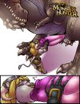  1girl anthro blonde_hair bovine brute_wyvern capcom deviljho dulcine duo erection eyewear facial_piercing feral goggles hair heart horn larger_male male mammal monster monster_hunter nose_piercing nose_ring oral oral_penetration penetration penis piercing scalie septum_piercing shia_(artist) size_difference smaller_female testicles video_games yellow_eyes 