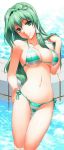 1girl bare_shoulders bikini breasts byeontae_jagga cleavage clothing erect_nipples erect_nipples_under_clothes female frog_clip green_eyes green_hair hair_ornament hair_tubes hairclip high_resolution kochiya_sanae large_breasts long_hair navel nipples pool pubic_hair revision smile solo striped striped_bikini striped_swimsuit swimsuit touhou_project water wet