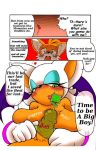 1girl age_difference anthro bat big_breasts blue_eyes blush breasts canine comic condom cub dialogue digital_media_(artwork) duo english_text erection fox furry hair heart holding_condom holding_object huge_breasts humanoid_penis male male/female mammal michiyoshi miles_"tails"_prower nude orange_hair penis rouge_the_bat sagging_breasts sega smile text wearing_condom white_hair wings