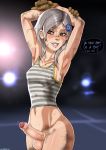 armpits arms_up bottomless breasts brown_hair dirt erection female futanari hair hair_ornament hairclip intersex metal_gear metal_gear_rising metal_gear_solid no_panties penis shadman silver_hair smile solo standing sunny_gurlukovich tank_top tanline testicles