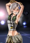  armpits arms_up brown_eyes dirt female hair hair_ornament hairclip metal_gear metal_gear_rising metal_gear_solid shadman silver_hair solo standing sunny_gurlukovich tank_top 