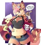 1_female 1_girl 1girl 2016 anthro bandage bat belt black_nose blonde_hair blue_eyes blue_hair breasts brown_fur claws clothing collar ear_piercing english_text facial_piercing fangs female fur furry hair kammymau legwear long_hair looking_at_viewer mammal midriff multicolored_hair navel nose_piercing nose_ring piercing pink_eyes pink_fur pink_hair purple_hair purple_nose red_fur shirt shorts solo spiked_collar spikes standing stockings teeth text tongue tongue_piercing unknown_species white_fur