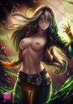 1_girl 1girl anna_marie areola axsens big_breasts breasts brown_hair exposed_breasts female female_only green_eyes high_resolution long_hair looking_at_viewer marvel marvel_comics multicolored_hair navel nipples nude partially_clothed rogue solo standing two-tone_hair uncensored white_hair x-men