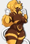  1girl 1girl 2016 animal_humanoid big_breasts blonde_hair breasts cat_humanoid claws clothing dark_skin darkstalkers eikasianspire felicia_(darkstalkers) feline fur gloves hair high_res humanoid long_hair looking_at_viewer mammal navel red_eyes simple_background smile thick_thighs video_games white_background wide_hips yellow_fur 