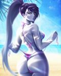 1girl ass beach bikini breasts cleavage eyelashes long_hair looking_back overwatch ponytail purple_hair sexy_ass side-tie_bikini string_bikini wedgie widowmaker yellow_eyes