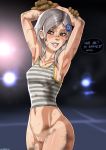 armpits arms_up bottomless breasts brown_hair clitoris dirt female hair hair_ornament hairclip metal_gear metal_gear_rising metal_gear_solid no_panties pubic_hair pussy shadman silver_hair smile solo standing sunny_gurlukovich tank_top tanline