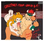 2016 anthro areola big_breasts bowser breasts cum english_text erect_nipples erection fellatio female fondling handjob human koopa male mammal mario_bros nintendo nipples nude oral penis princess_peach scalie sex testicle_fondling testicles text thebigmansini toes video_games