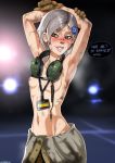  armpits arms_up breasts brown_eyes dirt female hair hair_ornament hairclip metal_gear metal_gear_rising metal_gear_solid nipples shadman silver_hair solo standing sunny_gurlukovich tanline topless 