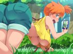 1girl 4:3_aspect_ratio all_fours areola ass asymmetrical_hair big_breasts blue_eyes blush boris_(noborhys) breasts cellphone crop_top denim denim_shorts erect_nipples grass gym_leader hair hanging_breasts high_resolution holding_phone kasumi_(pokemon) light-skinned looking_at_viewer looking_back misty nipples no_bra oddish open_mouth orange_hair outside phone pokemon pokemon_(anime) pokemon_(game) pokemon_character pokemon_go red_hair shorts side_ponytail smartphone suspenders tree underboob wardrobe_malfunction