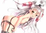 1girl 1girl 1girl amatsukaze_(kantai_collection) arched_back artist_name ass bending_forward black_panties blush breasts brown_eyes from_behind hair_tubes kantai_collection long_hair looking_at_viewer looking_back open_mouth panties panty_pull side-tie_panties sideboob silver_hair simple_background small_breasts standing stockings suspenders two_side_up underwear undressing white_background yonjyuugo