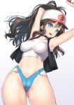 10s 1girl armpits arms_up baseball_cap blue_eyes breasts brown_hair choker cowboy_shot erect_nipples gluteal_fold hat highleg highleg_panties hilda holding impossible_clothes long_hair looking_at_viewer medium_breasts midriff nagase_haruhito panties poke_ball pokemon pokemon_(game) pokemon_bw ponytail simple_background solo standing taut_clothes thighs touko_(pokemon) underwear vest