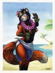  1girl 1girl 2016 anthro beach blue_eyes breasts clothed clothing flower_wreath furry hawaiian kalahari mammal red_panda sand sea seaside smile topless water 