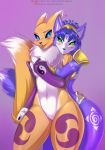 1girl 2016 anthro black_nose black_sclera blue_eyes blue_fur blue_hair blush breasts bridal_gauntlets canine claws cleavage clothed clothing convenient_censorship digimon doomthewolf duo embrace eye_contact facial_markings featureless_crotch female/female female_only fluffy_tail fox fur furry green_eyes hair hair_ornament headband heart highres hugging jewelry krystal loincloth mammal markings navel neck_tuft nintendo nude open_mouth purple_background renamon short_hair shoulder_pads simple_background skimpy smile spaulders star_fox tongue tribal tuft video_games white_fur wide_hips yellow_fur yuri