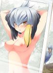 1girl anni_minto armpits arms_behind_head asymmetrical_hair bird blonde blush breasts clavicle cleavage day grey_hair hair_between_eyes hair_tie kemono_friends long_hair looking_at_viewer medium_breasts mirror navel nipples nude orange_eyes outside ponytail reflection shoebill shoebill_(kemono_friends) side_ponytail tied_hair tree