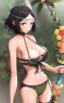  1girl alluring alternate_costume bare_arms bare_shoulders big_breasts bikini black_eyes black_hair blurry blurry_background blush breasts commentary_request cowboy_shot feather_hair_ornament feathers female_only fire_emblem fire_emblem_awakening fire_emblem_heroes flower gonzarez green_bikini green_swimsuit hair_ornament high_res looking_at_viewer navel nintendo noire noire_(fire_emblem) noire_(summer)_(fire_emblem) official_alternate_costume orange_flower short_hair standing stomach swimsuit yellow_flower 