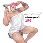 1girl aqua_eyes muscle overwatch pink_hair pubic_hair pussy shiny shiny_skin short_hair smile towel zarya