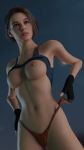 1girl 3d areola big_breasts bikini_bottom blender_(software) blue_eyes breasts brown_hair capcom dutch_angle female_only fingerless_gloves fingernails gloves hand_on_hip jill_valentine navel nipples resident_evil shirt shirt_lift short_hair standing tank_top thighs vechte_(vekkte) vekkte