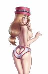  1girl ass blonde_hair blue_eyes breasts erect_nipples female female_only hat long_hair looking_at_viewer looking_back panties pokemon pokemon_xy reptileye serena serena_(pokemon) sideboob topless 