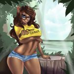  1girl 2016 anthro beaver blue_eyes breasts clothed clothing conditional_dnp eyewear forest furry glasses lake looking_at_viewer mammal mrawl navel rodent shirt shorts skimpy smile stump tree 