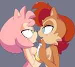  1girl 2014 amy_rose anthro blue_eyes blush breasts brown_fur chipmunk cloudz drooling duo eye_contact female/female fur furry green_eyes hair hedgehog mammal pink_body pink_hair red_hair rodent saliva saliva_string sally_acorn sega sideboob 