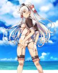 1girl amatsukaze_(destroyer) amatsukaze_(kantai_collection) ass bikini bikini_bottom_pull black_bikini black_swimsuit blush breasts cloud erect_nipples erect_nipples_under_clothes from_behind gloves hair_ornament hand_on_own_ass kantai_collection long_hair medium_breasts nipples ocean sailor sailor_collar sameha_ikuya side-tie_bikini sky smile smokestack_hair_ornament swimsuit swimsuit_tan tanned tied_hair twin_tails twisted_torso very_long_hair white_gloves white_hair