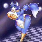 1girl 1girl 2020 accessory anthro aozora_(tasogare_aozora) armor big_breasts blue_body blue_fur blue_hair boots bra bracelet breasts canid canine chess_floor clothing digital_drawing_(artwork) digital_media_(artwork) footwear fox fur furry gauntlets gloves green_eyes hair handwear headband jewelry krystal loincloth mammal multicolored_body multicolored_fur multicolored_tail necklace night nintendo planet signature star_fox tailband text underwear video_games white_body white_fur