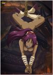  1girl ass ball_gag big_breasts bleach blush bondage dark-skinned_female dark_skin female female_only gag gagged nipples palcomix ponytail purple_hair rope_bondage shihouin_yoruichi slavetoon solo_female suspended upside-down yellow_eyes 