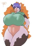 1girl 1girl 2013 anthro big_breasts blue_eyes blue_hair bottomless bovine breasts cattle clothed clothing digital_media_(artwork) freckles_(artist) furry hair huge_breasts mammal navel nipple_bulge overweight tongue tongue_out