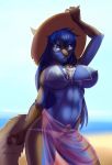 5_fingers anthro big_breasts black_nose blue_eyes blue_fur blue_hair breasts canine dessert eyewear food fur furry futanari glasses hair ice_cream intersex mammal midriff navel penis sorafoxyteils sorafoxyteils_(artist) standing wide_hips wolf