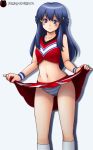 1_girl 1girl bare_arms bare_midriff blue_eyes blue_hair cheerleader cheerleader_outfit cheerleader_uniform clothed creatures_(company) dawn_(pokemon) female female_human female_only game_freak hat hikari_(pokemon) horizontal-striped_panties horizontal_stripes human human_only humans_of_pokemon long_hair looking_at_viewer nintendo panties pokemon pokemon_(anime) pokemon_(game) pokemon_black_and_white pokemon_bw pokemon_dppt skirt skirt_lift skirt_lifted_by_self sleeveless socks solo standing striped_panties tsumitani_daisuke