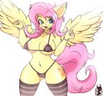 1girl 1girl 2016 absurd_res anthro anthrofied areola big_breasts bikini bracelet breasts clothed clothing cutie_mark equine eyelashes feathered_wings feathers fluttershy_(mlp) friendship_is_magic furry hair high_res jewelry legwear long_hair maishida mammal my_little_pony navel open_mouth pegasus pink_hair simple_background spread_wings stockings striped_legwear stripes swimsuit teal_eyes white_background wings yellow_feathers