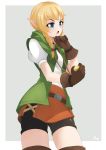 belt bike_shorts blonde_hair blue_eyes boots braid compass female gloves hand_on_own_face highres hyrule_warriors jacket linkle long_hair open_mouth pointy_ears shirt shorts shorts_under_skirt skirt solo the_legend_of_zelda thigh_boots thighhighs twin_braids twintails zelda_musou zettai_ryouiki