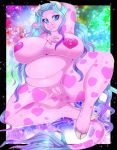 1girl 2016 anthro areola armpits big_breasts blue_eyes blue_hair bovine breasts cattle cheezayballz fur furry hair hand_behind_head heart hooves horn huge_breasts long_hair looking_at_viewer mammal nails nipple_piercing nipples obese overweight piercing pink_fur pink_nipples purple_hair pussy spots thick_thighs voluptuous