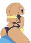  1girl 1girl 2018 anthro ass bodily_fluids clothed clothing digital_media_(artwork) exercise_ball genital_fluids inkcappachino lagomorph leotard mammal mega_evolution mega_lopunny nintendo open_mouth pok&eacute;mon pok&eacute;mon_(species) purple_eyes pussy_juice simple_background smile sweat video_games white_background 