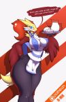 1girl 1girl abstract_background anthro big_breasts big_eyes blush bow_tie breasts canid canine chest_tuft clothed clothing curvy_figure delphox delphox_waitress english_text food hand_on_hip high_res inner_ear_fluff lips looking_at_viewer mammal milk nintendo nipple_outline partially_clothed patreon pokémon pokémon_(species) portrait r-mk small_waist smile text thick_thighs threequarter_portrait tuft video_games voluptuous waiter