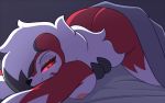 1girl 1girl 2020 anthro areola ass bed bedroom_eyes breasts digital_media_(artwork) furniture looking_at_viewer lycanroc midnight_lycanroc narrowed_eyes nintendo nipples on_bed pinkcappachino pokémon pokémon_(species) seductive smile video_games