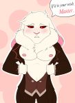 1girl anthro butler clothing fur furry lagomorph male mammal muscular muscular_male nipples pecs pink_nose rabbit red_eyes simple_background teeth text triangle_papaya white_fur