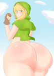 ass blonde_hair blue_eyes bottomless braid capelet female gigantic_ass gloves highres hood huge_ass hyrule_warriors jcdr jewelry leather leather_gloves linkle long_hair looking_at_viewer looking_back pendant plump pointy_ears shiny shiny_skin sidelocks smile solo the_legend_of_zelda thick_thighs thighs twin_braids zelda_musou