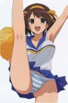 1girl armpit big_breasts breasts brown_eyes brown_hair cheerleader cute hair haruhisky looking_at_viewer miniskirt panties pom_poms short_hair smile striped_panties suzumiya_haruhi suzumiya_haruhi_no_yuuutsu underwear