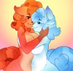 1girl 2016 alolan_form alolan_vulpix anthro big_breasts black_nose blue_fur blue_hair breasts brown_fur canine duo female/female fox fur furry hair kissurai mammal multi_tail multicolored_fur navel nintendo nude open_mouth pokemon raikissu red_hair video_games vulpix white_fur