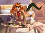 1girl anthro big_breasts breasts clothed clothing faye_(ipan) ferret footwear furry high_heels huge_breasts ipan looking_at_viewer mammal mustelid nipples original panties table topless underwear