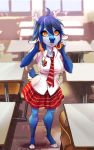 1girl anthro blue_fur blue_hair blue_nose breasts cervine classroom deer eyelashes freckles fur furry hair high_res hooves inside looking_at_viewer mammal school school_uniform sorafoxyteils sorafoxyteils_(artist) standing