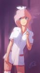 1girl blue_eyes blush clothed female female_only friendship_is_magic garter_straps humanized looking_at_viewer my_little_pony nurse nurse_redheart nurse_redheart_(mlp) nurse_uniform pink_hair solo standing stockings uniform