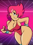  1girl breasts cleavage female_only grimphantom leotard ok_k.o.!_let&#039;s_be_heroes red_action red_hair shiny shiny_skin short_hair sweat wide_hips 