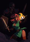  big_breasts breasts brellewd brellewd_(artist) female fire genderswap link shield skeleton sword the_legend_of_zelda weapon 