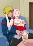 1boy 1girl blonde_hair blue_eyes breasts green_eyes male minato_namikaze naruto naruto_shippuden pink_hair pussy sakura_haruno